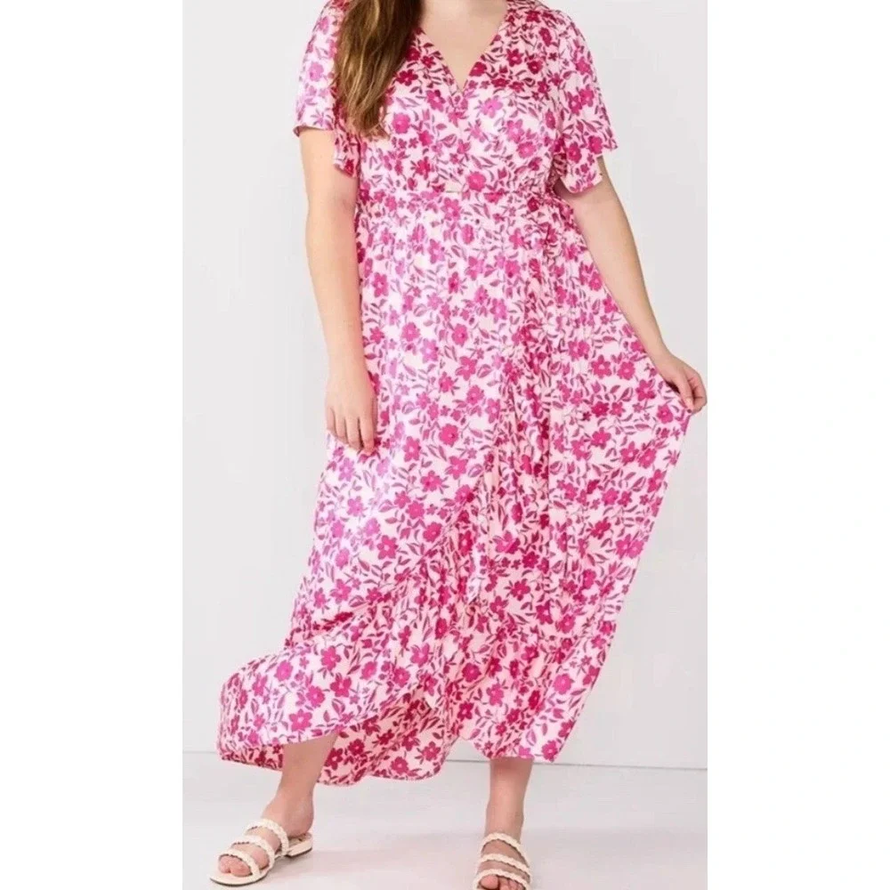 DRAPER JAMES RSVP FLUTTER SLEEVE FAUX WRAP MAXI DRESS SZ XL Pink White Floral
